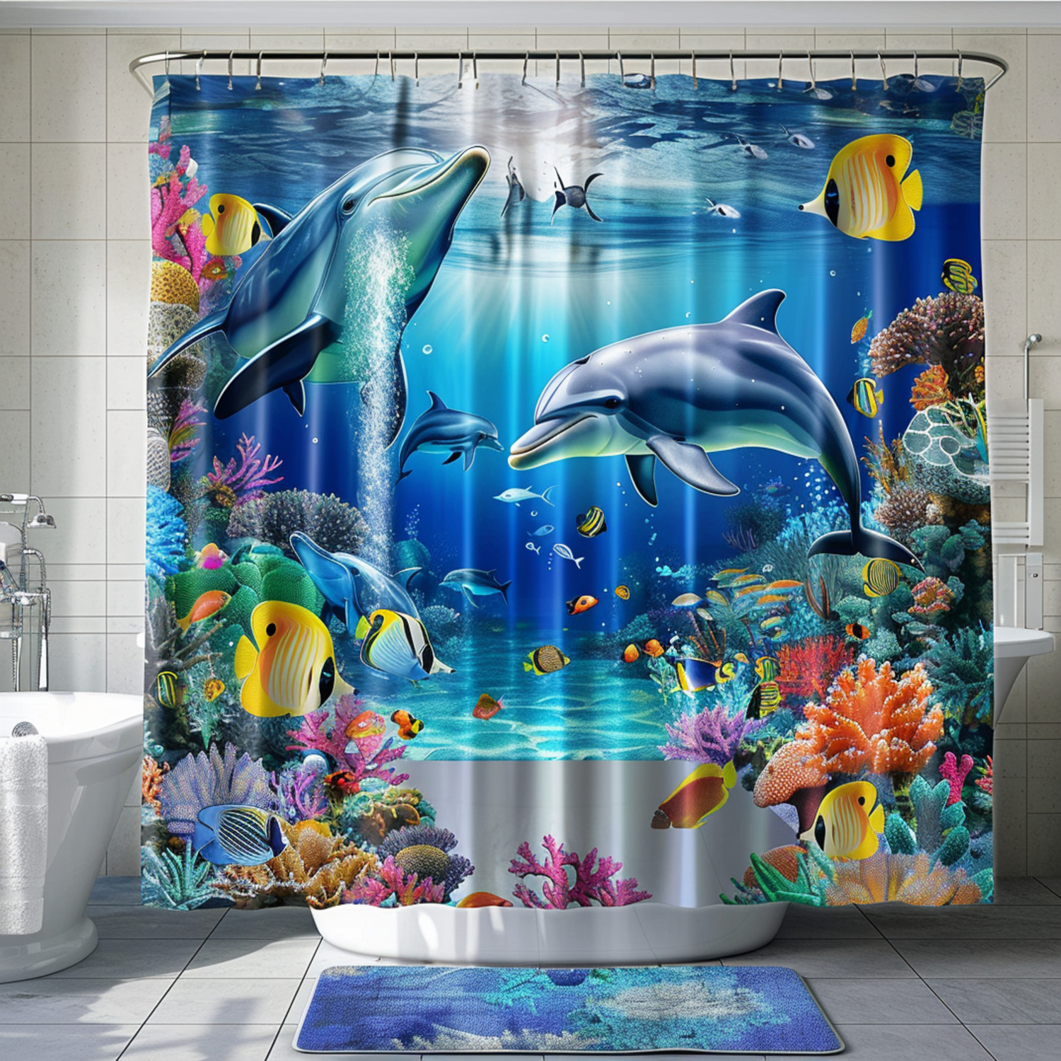 Ocean Paradise Dolphins Coral Reef Shower Curtain Vibrant Underwater ...