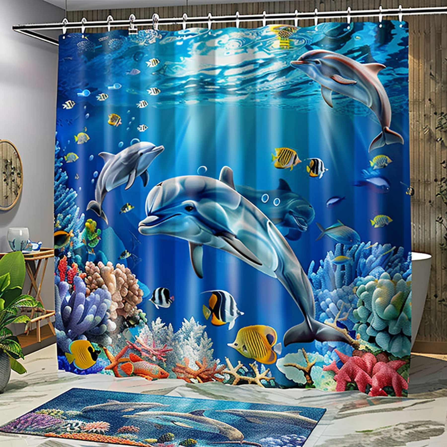 Ocean Paradise Shower Curtain Dolphins Fish Coral Design Waterproof