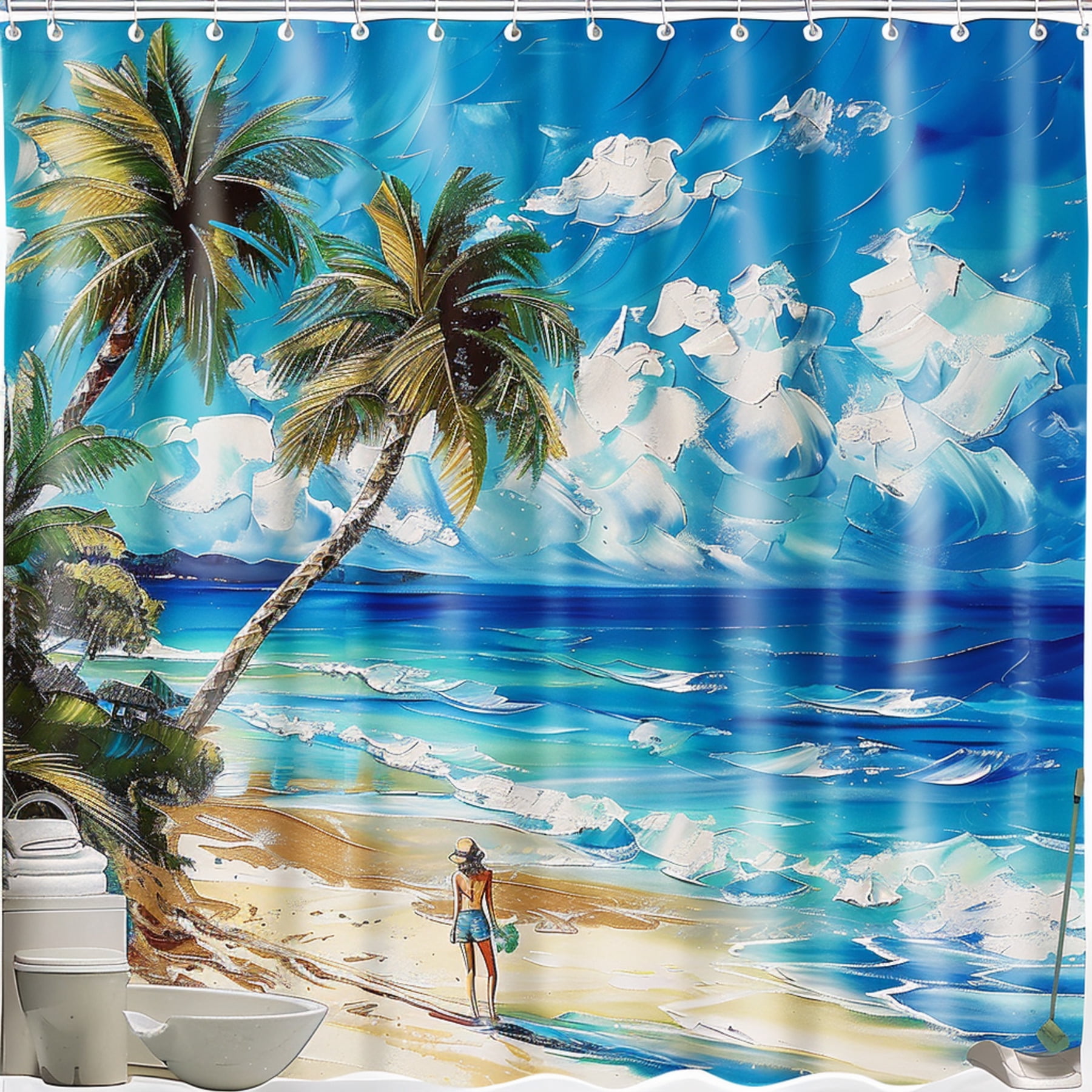 Ocean Paradise Shower Curtain Tropical Beach Scene Palm Trees Blue Sky