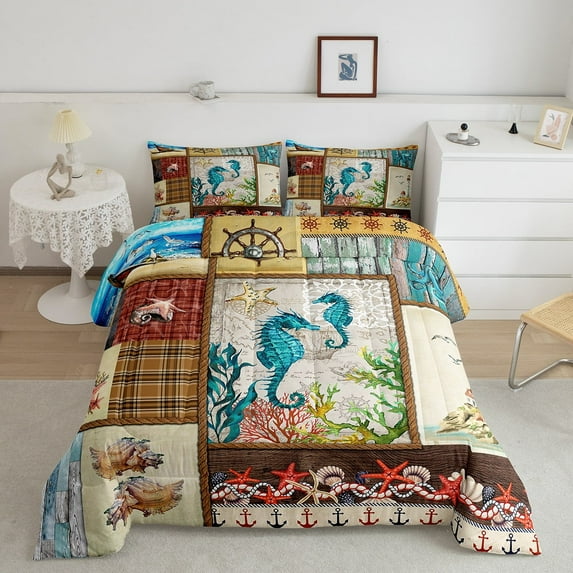 Ocean Patchwork Comforter Set ,Starfish Sea Shell Bedding Set King,Vintage Anchor Coral Bedding Comforter Sets,Rustic Lattice Sealife Duvet Insert with 2 Pillowcases Lightweight