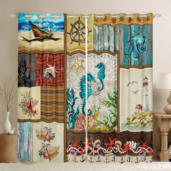 Ocean Patchwork Curtains,Starfish Sea Shell Blackout Curtains 42Wx84L,Vintage Anchor Coral Curtains & Drapes,Rustic Lattice Sealife Window Curtains 2 Panels for Bedroom
