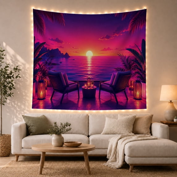 Ocean Patio with Lounge Chairs and Candle Lanterns, Serene Coastal Style for Ocean Lovers, Tropical Wall Art, Housewarming Gift, Tapestry Wall Hanging for Bedroom and Living Room