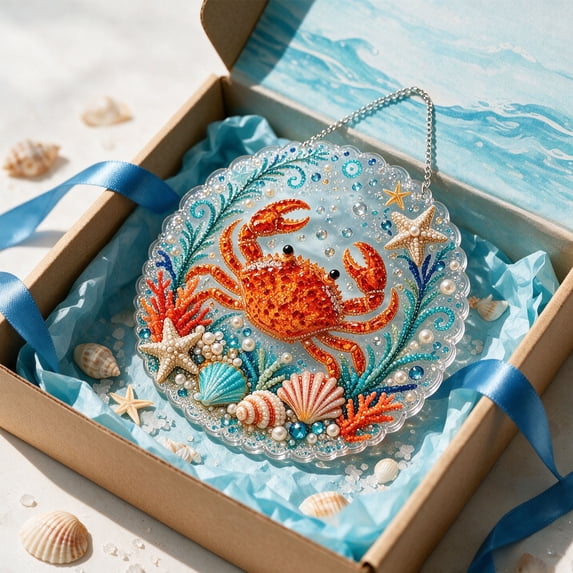 Ocean Pearl Art DIY Hanging Ornament, 7.9 Inch Ocean Diamond Art Suncatchers for Adults, Ocean Diamond Art Hanging Ornament, Coastal Window Hanging Decor Gift for Craft Lovers