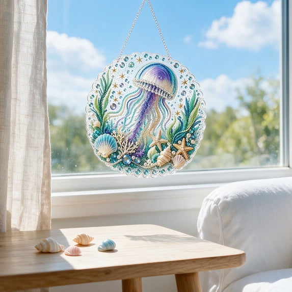 Ocean Pearl Art DIY Hanging Ornament, 7.9 Inch Ocean Diamond Art Suncatchers for Adults, Ocean Diamond Art Hanging Ornament, Coastal Window Hanging Decor Gift for Craft Lovers