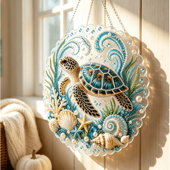 Ocean Pearl Art DIY Hanging Ornament Kit, Beach Themed Sea Turtle Pearl Diamond Art Set, Complete Tool Pack Ideal Birthday Gift for Craft Beginners (Sea turtle)