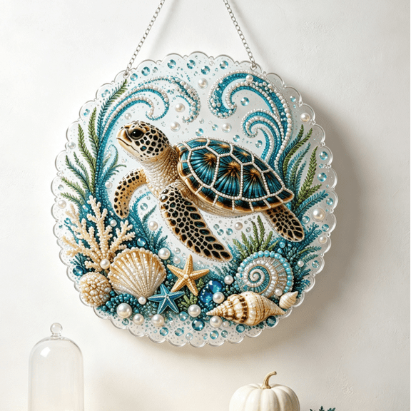 Ocean Pearl Art DIY Hanging Ornament Kit, Ocean Diamond Art DIY Hanging Ornament Kit with Sparkling Pearl Beads, 5D Craft Decoration for Adults and Teens, Coastal Window Decor (Sea turtle)