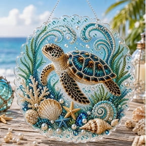 Ocean Pearl Art DIY Hanging Ornament Kit, Sea Turtle Coastal Diamond Art Kit with Complete Tools, Sparkling Rhinestone Bead Craft Gift for Ocean Lovers B