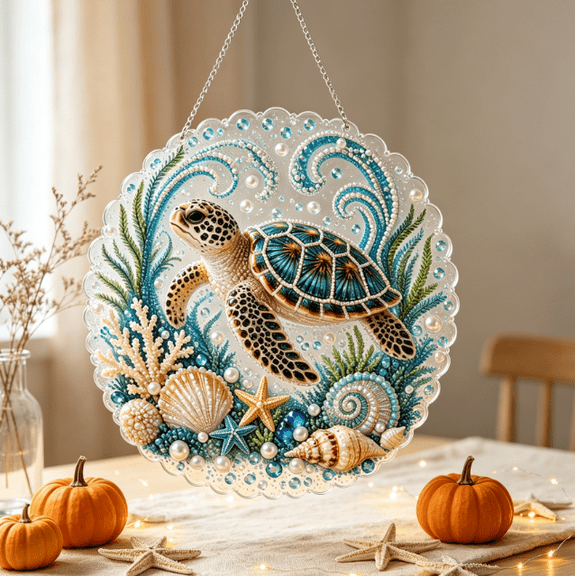 Ocean Pearl Art DIY Hanging Ornament Kit, Sea Turtle Coastal Diamond Art Kit with Complete Tools, Sparkling Rhinestone Bead Craft Gift for Ocean Lovers (Sea turtle)