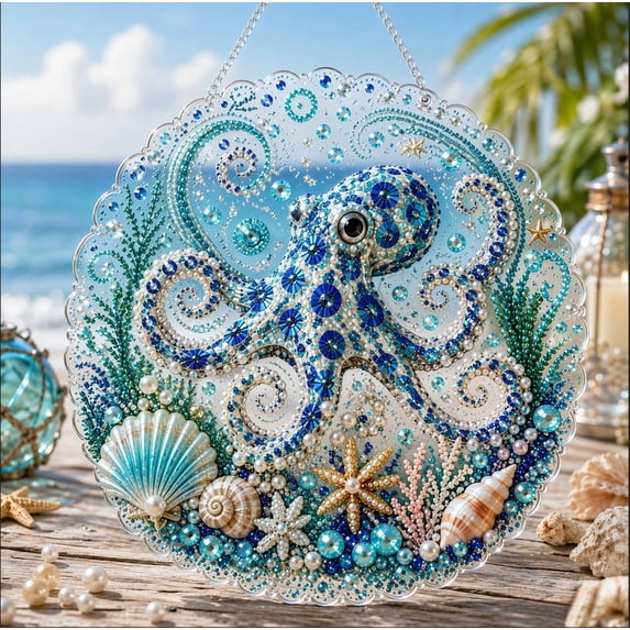 Ocean Pearl Art DIY Hanging Ornament Kit, Sea Turtle Coastal Diamond Art Kit with Complete Tools, Sparkling Rhinestone Bead Craft Gift for Ocean Lovers A