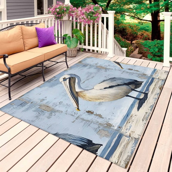 Ocean Pelican Outdoor Rug 3x5 Ft, Non Slip Washable Area Rug, Summer Coastal Birds Modern Painted Patio Rugs Carpet Runner, Large Floor Mat for Indoor/Outdoor Deck Porch Camping