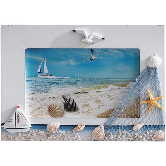 Ocean Photo Frame, 6 Inch Seashell Wooden Display, Coastal Tabletop Picture Holder