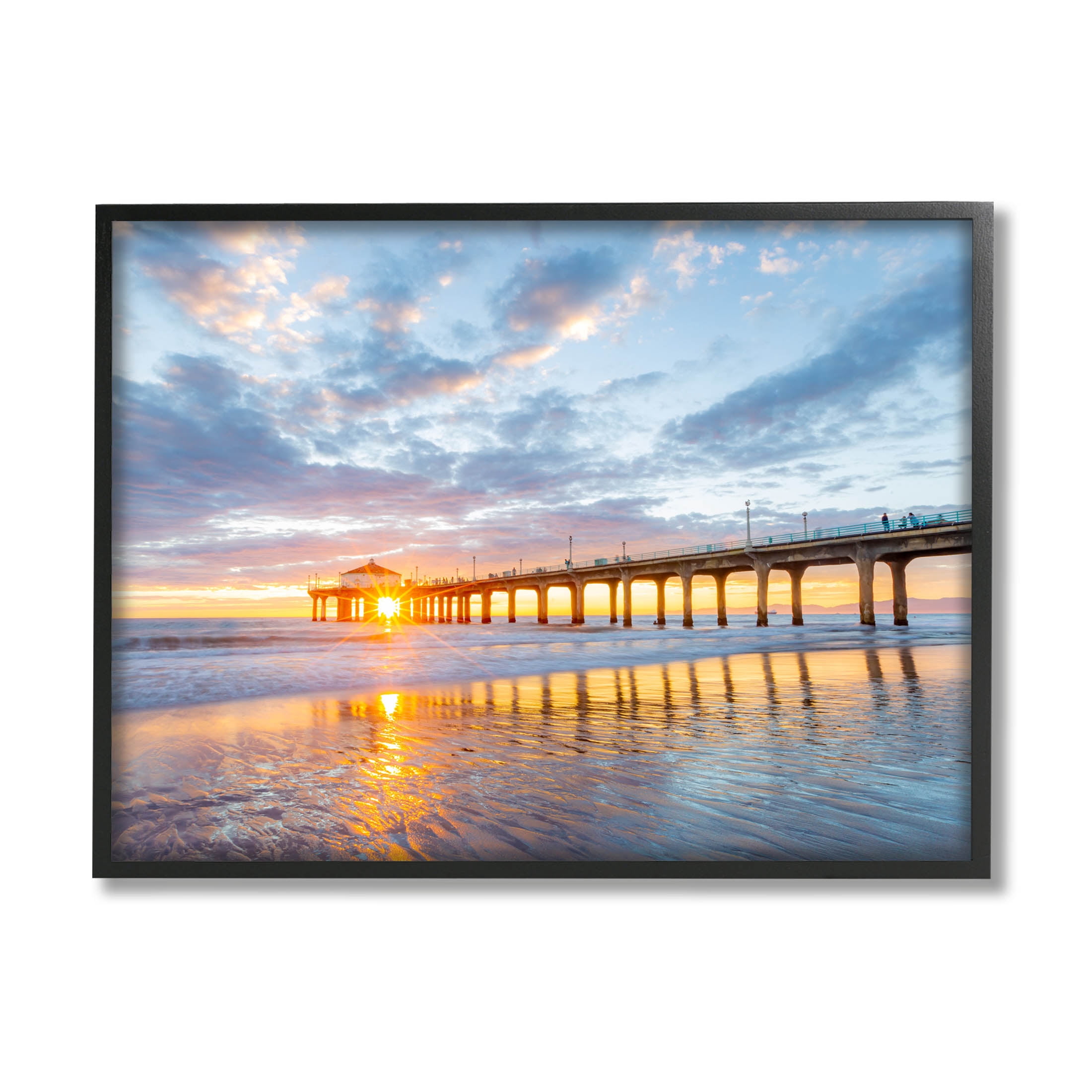 Ocean Pier Sunrise Reflection Coastal Photograph Black Framed Art Print Wall Art