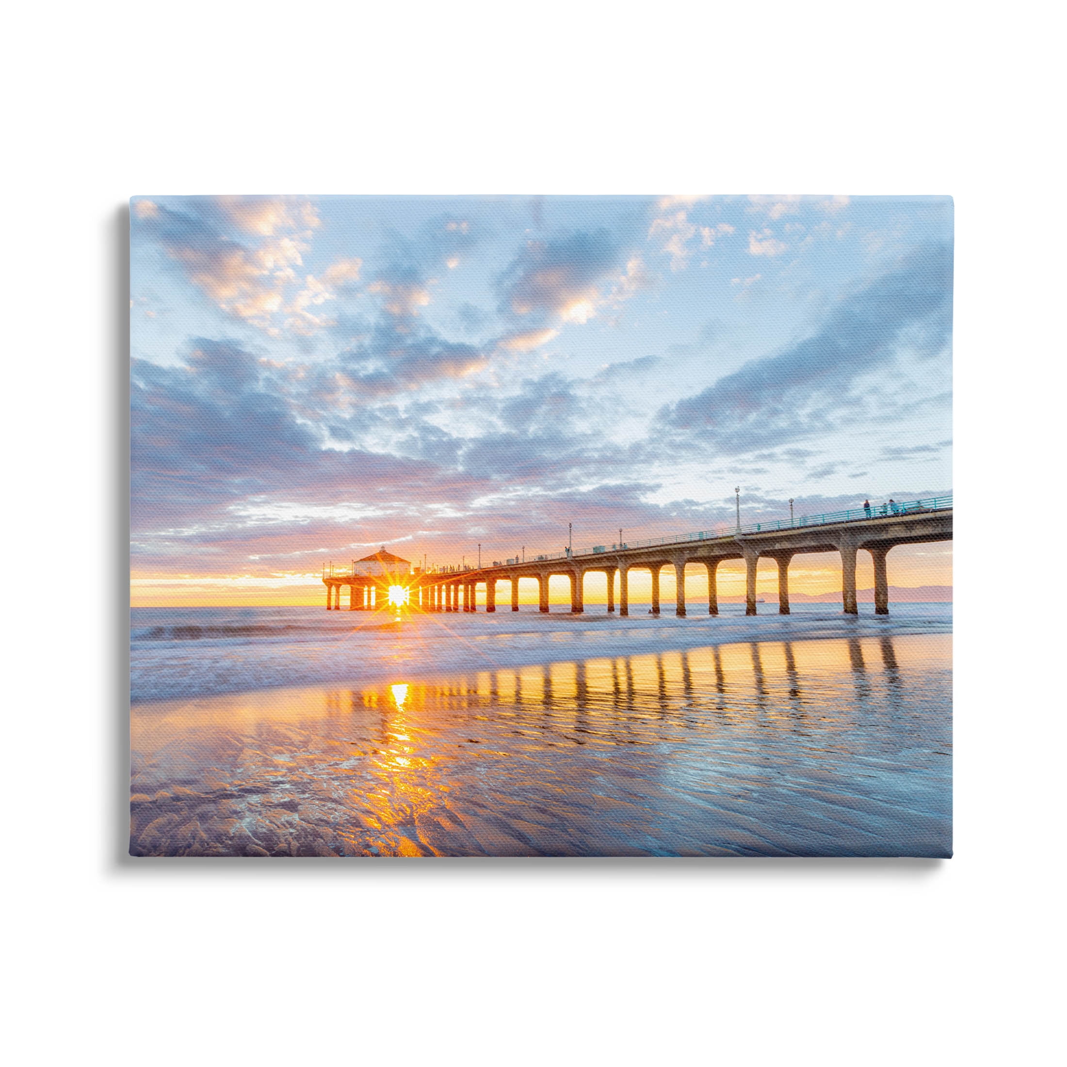 Ocean Pier Sunrise Reflection Coastal Photograph Gallery Wrapped Canvas Print Wall Art