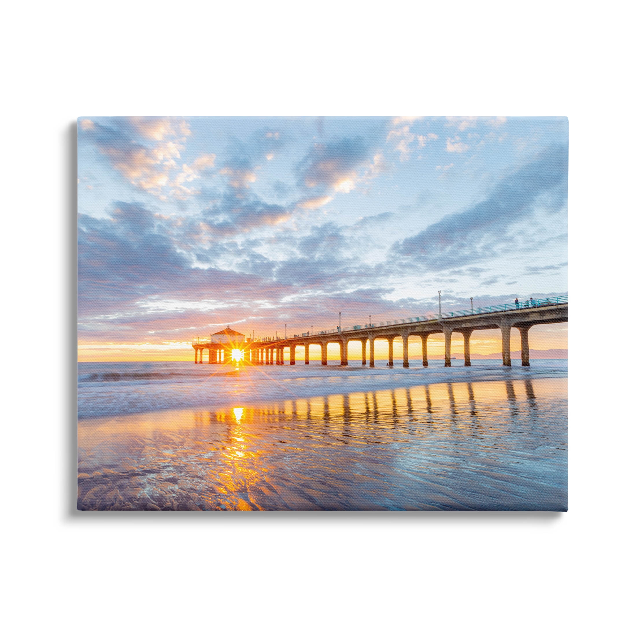 Ocean Pier Sunrise Reflection Coastal Photograph Gallery Wrapped Canvas Print Wall Art