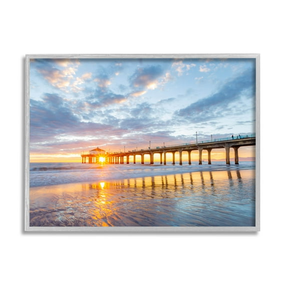 Ocean Pier Sunrise Reflection Coastal Photograph Gray Framed Art Print Wall Art
