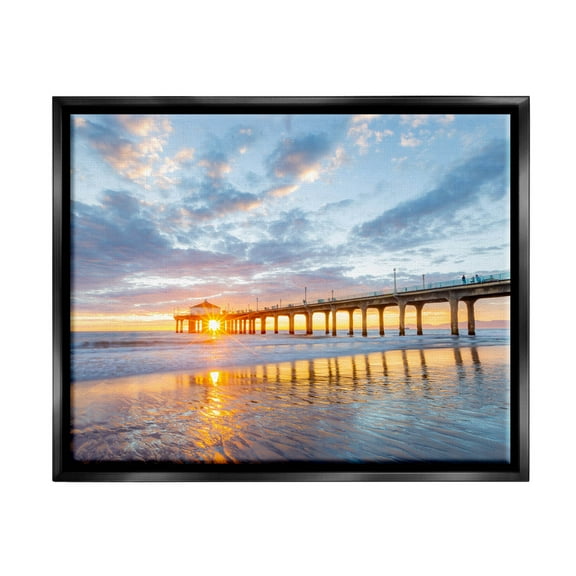 Ocean Pier Sunrise Reflection Coastal Photograph Jet Black Framed Art Print Wall Art