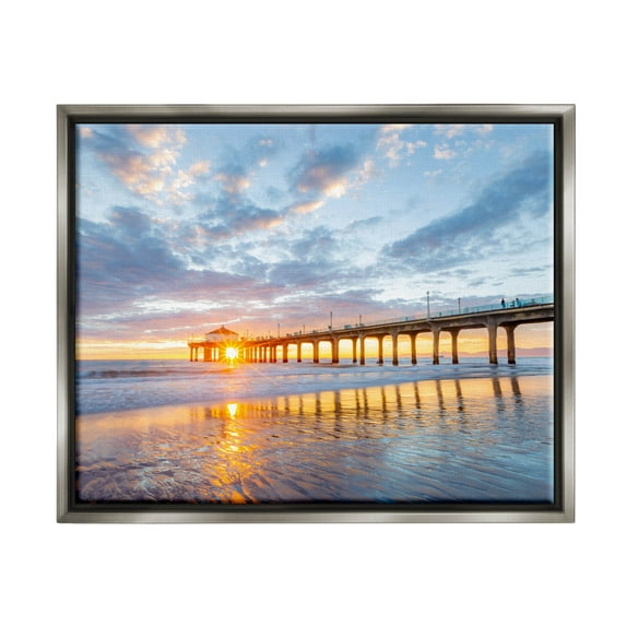 Ocean Pier Sunrise Reflection Coastal Photograph Luster Gray Framed Art Print Wall Art