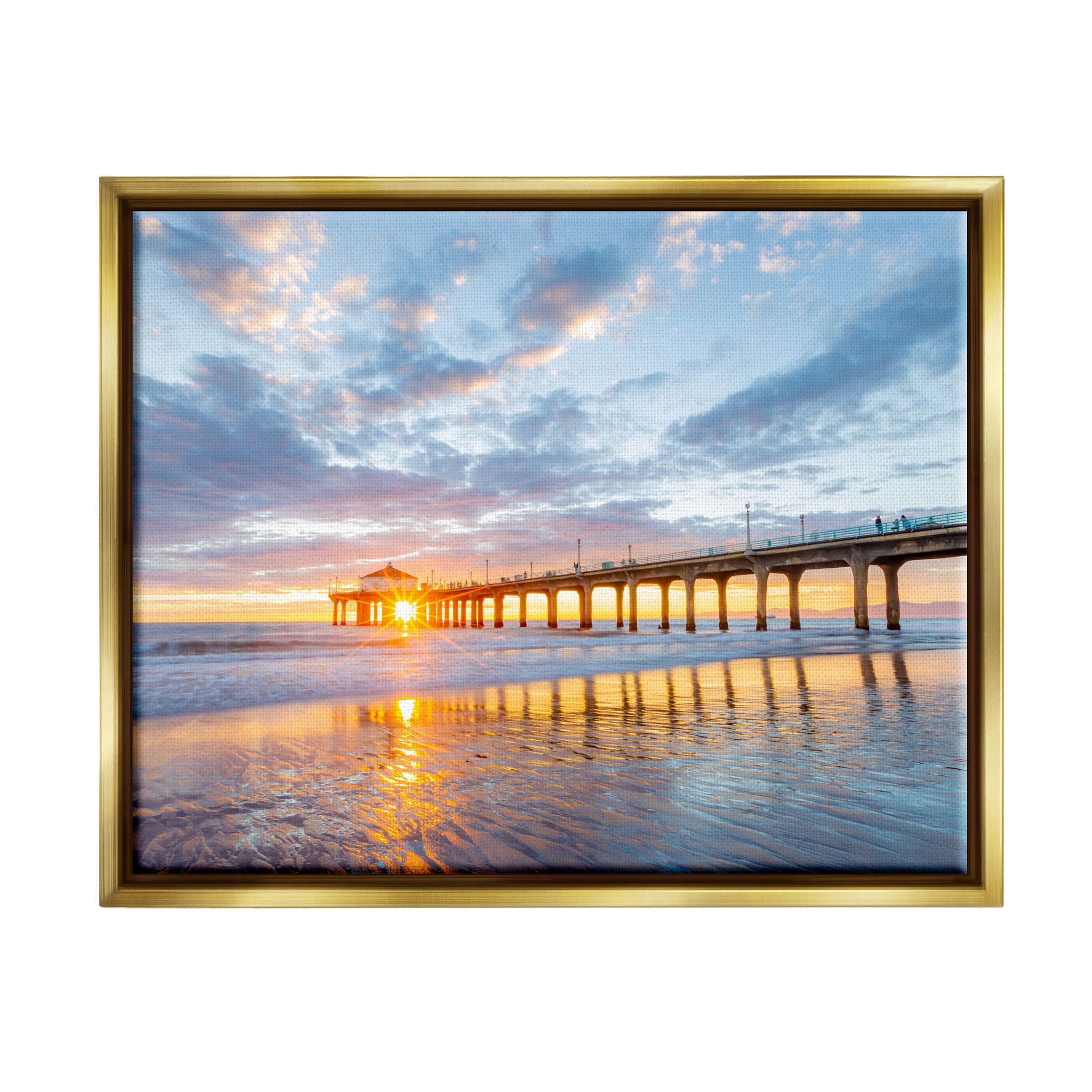 Ocean Pier Sunrise Reflection Coastal Photograph Metallic Gold Framed Art Print Wall Art