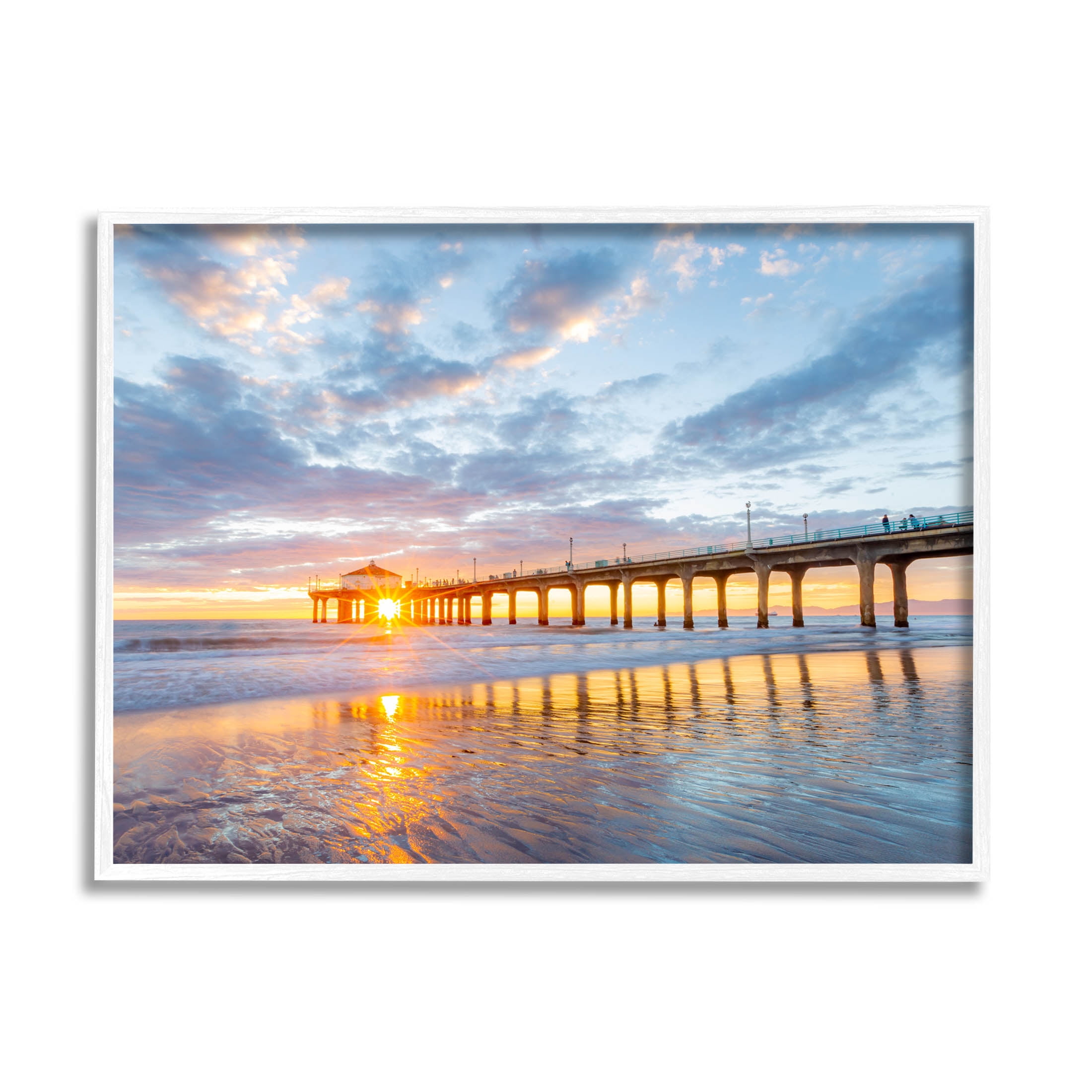 Ocean Pier Sunrise Reflection Coastal Photograph White Framed Art Print Wall Art