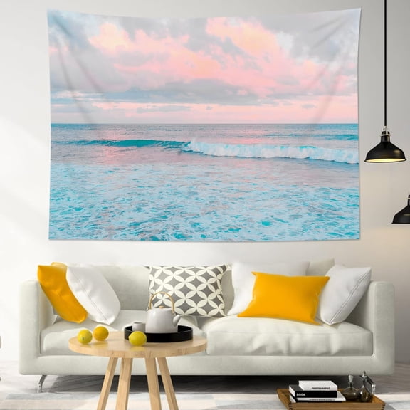 Ocean Pink Sky Tapestry, Teal Sea Ocean with Pink Cloud Wall Tapestry for Bedroom, Pastel Nature Landscape Wall Hanging Tapestry Wall Art for Living Room Home Decor, 59 x 51 Inches