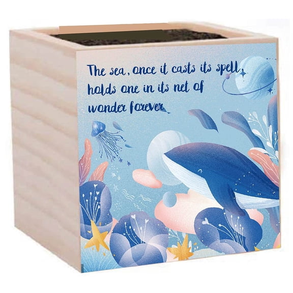 Ocean Planter Box Whale Wood Cube Flower Pot Blue Square Small Rustic Desk Decor Decorative DIY