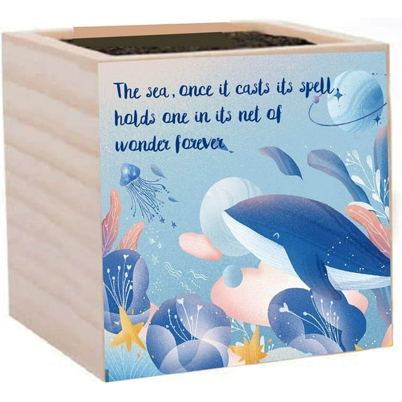 Ocean Planter Box Whale Wood Cube Flower Pot Blue Square Small Rustic Desk Decor Decorative