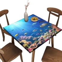 Ocean Polyester Square Fitted Table Cloths, Marine Life Fish Waterproof Wipe Clean Table Cover, for Indoor Restaurant or Outdoor Patio Party Dining, Fit for 34'''' x 34''''Square Table