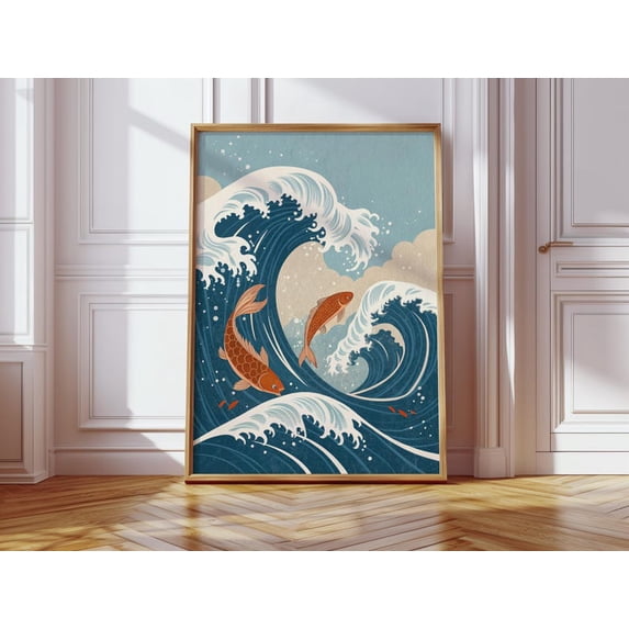 Ocean Poster, Japanese Wave Motif, Blue Koi Fish Illustration, Living ...