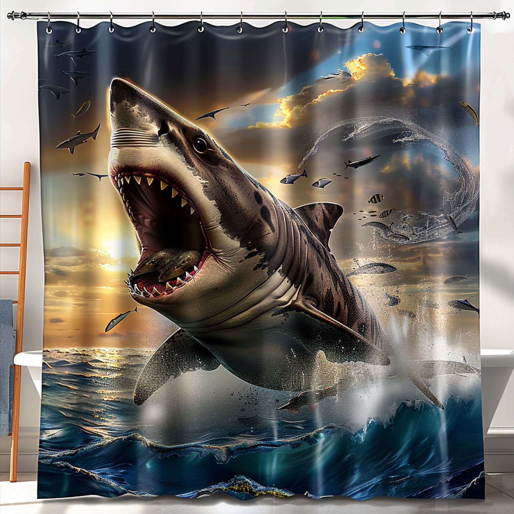 Ocean Predator Shower Curtain Shark Leopard Hybrid Jumping Out of Sea Stormy Sky Background ...