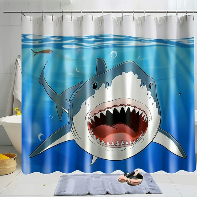 Ocean Predator Vs Swimmer: Modern Art Bathroom Set With Cute Cartoon 