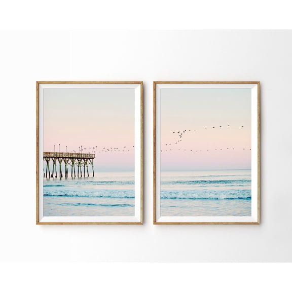 Ocean Prints Coastal Wall Art Beach Decor Pastel Sunset Photography Set 2 Stretched Canvas 12x18