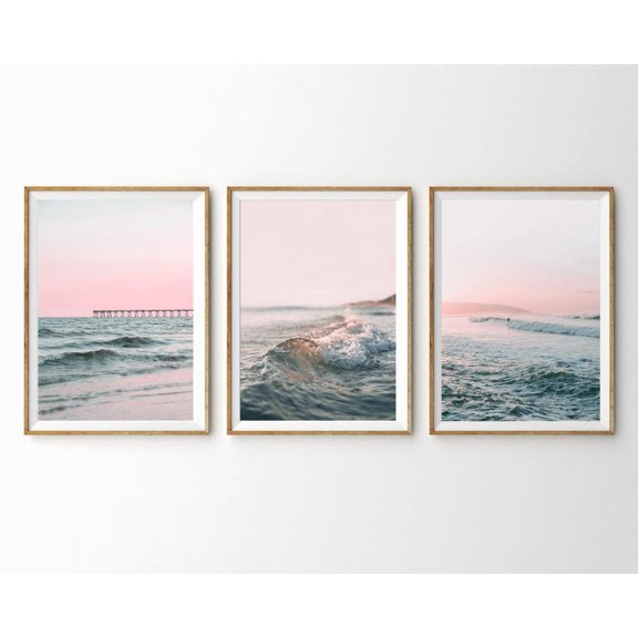Ocean Prints Gallery Wall Set Beach Ocean Art Set Pink Sunset Waves Beach Pier Surf Print, Poster Only