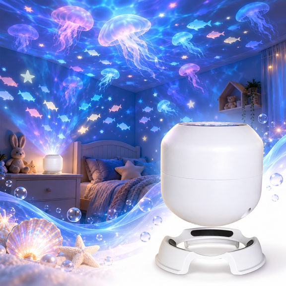 Ocean Projection Night Light, USB Rotating LED Projector with Jellyfish 3D-Effect and Starry Sky Patterns for Bedroom Holiday Room Decor
