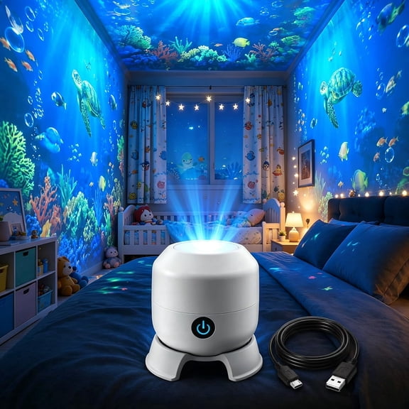 Ocean Projector Light – Dynamic Rotating LED Night Lamp, 360° HD Starry Galaxy & Underwater Effect, Plug & Play Dimmable for Bedroom & Home Theater