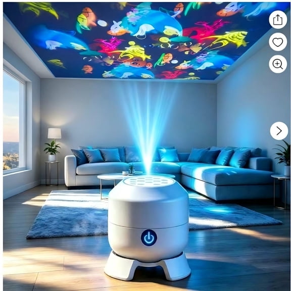 Ocean Projector with Fish, 360 Rotating Projection Lamp, Adjustable Brightness USB Powered Ambient Light for Bedroom Ceiling Wall Decor