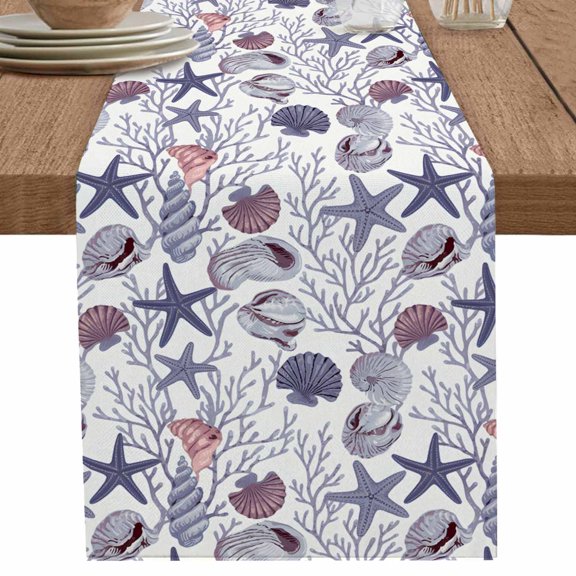 Ocean Purple Starfish Coral Shell on Beige Table Runner-70 Inch Long Underwater Table Runners Linen Burlap Tablerunner for Kitchen Dining Room Holiday Party