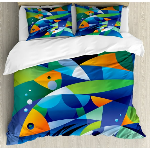 Ocean Queen Size Duvet Cover Set, Abstract Digital Geometric Pieced Fish with Circle Curves Depths of the Ocean Theme, Decorative 3 Piece Bedding Set with 2 Pillow Shams, Multicolor, by Ambesonne