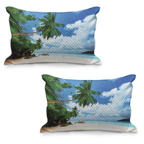 Ocean Quilted Pillowcover Set of 2, Beach and Coconut Tree Mahe Island in Seychelles Tranquil Coastal Image Print, Standard Queen Size Pillow Cover Bedroom, 36" x 20", Green Blue Aqua, by Ambesonne