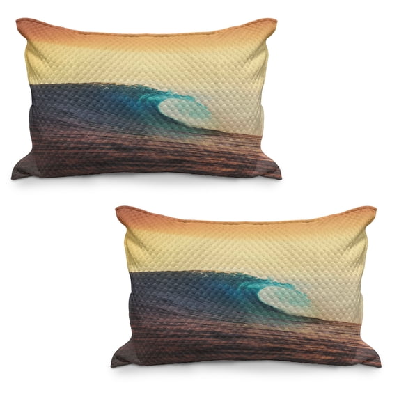 Ocean Quilted Pillowcover Set of 2, Ocean Breaking Wave at Sunset in Warm Colors Sea Seasonal Picture Art, Standard Queen Size Pillow Cover for Bedroom, 30" x 20", Turquoise Yellow Brown, by Ambesonne