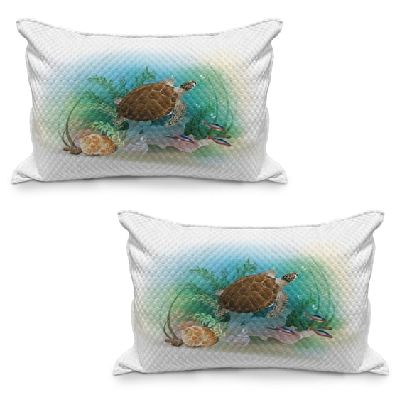 Ocean Quilted Pillowcover Set of 2, Sea Turtle Swims in the Ocean Tropical Underwater World Aquarium Illustration Print, Standard Queen Size Pillow Cover Bedroom, 30" x 20", Green Brown, by Ambesonne