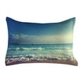 thumbnail image 1 of Ocean Quilted Pillowcover, Tropical Island Paradise Beach at Sunset Time Waves and the Misty Sea Image, Standard King Size Accent Pillow Cover for Bedroom, 36" x 20", Cream Turquoise, by Ambesonne, 1 of 2