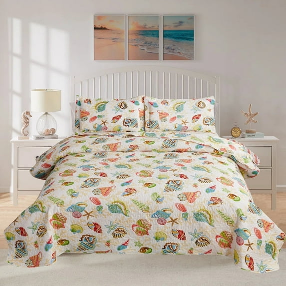 Kebury Ocean Quilts Bedding Set King Size Lightweight Patchwork Coastal Bedding Seahorser Printed Beach Theme Coverlets Seashell Yellow Seaweed Bedspreads (1 Quilt, 2 Pillow Shams)