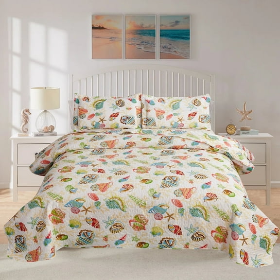 Kebury Ocean Quilts Bedding Set Queen Size Lightweight Patchwork Coastal Bedding Seahorser Printed Beach Theme Coverlets Seashell Yellow Seaweed Bedspreads (1 Quilt, 2 Pillow Shams)