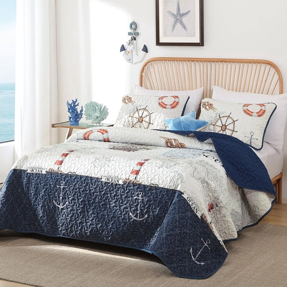Ocean Quilts Queen Size 3 Piece Nautical Coastal Bedding Set with 2 Shams Soft Lightweight Beach Coverlet Summer Reversible Microfiber Comforter