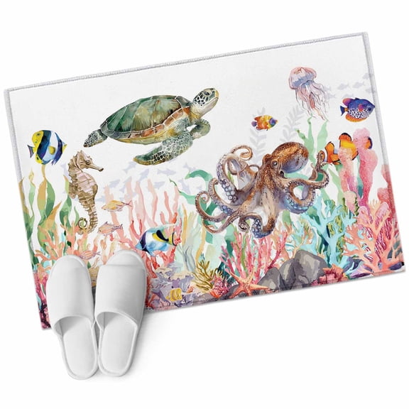 Ocean Rectangle Area Rug 2x3 ft Sea Turtle Jellyfish Octopus Seahorse Coral Coastal Washable Rugs for Living Room, Non Slip Soft Carpet for Bedroom Entryway Dining Room