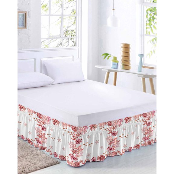 Ocean Red Coral Bed Skirt King Size 16 Inch Drop, Summer Nautical Sea Watercolor Fish Starfish Adjustable Elastic Dust Ruffles Bedskirt for King Bed Wrap Around Pleated Mattress Frame Cover