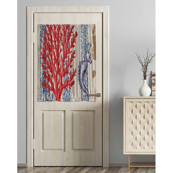 Ocean Red Coral Blackout Curtains French Door Curtains for Door Window, Vintage Coastal Floral Stripe Seahorse Privacy Drapery for Patio/Sidelight Doors, 1 Panel with Tieback, 54 x 40 Inches