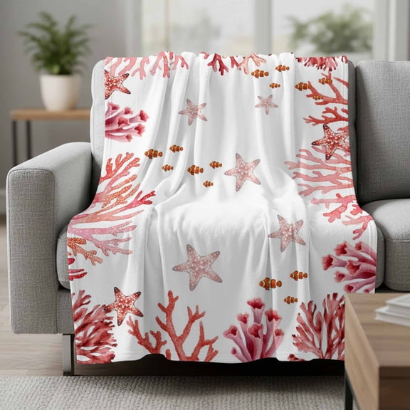 Ocean Red Coral Fleece Throw Blanket Summer Nautical Sea Watercolor Fish Starfish Ultra Soft Fuzzy Cozy Flannel Throw Blanket for Couch Sofa Bed Car Travel, Ideal Gifts 30x40 Inches
