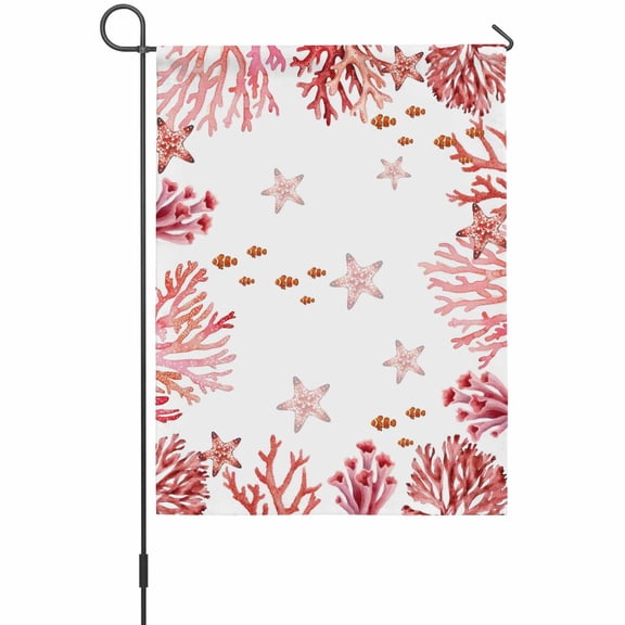 Ocean Red Coral Garden Flag 12 x 18 Inches, Summer Nautical Sea Watercolor Fish Starfish Weather Proof Outdoor Patio Flags Double Sided Small Garden Decoration for Yard Outside Home