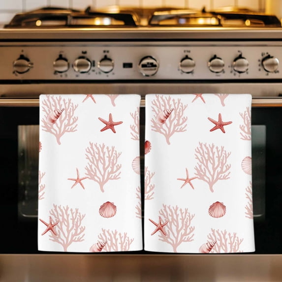 Ocean Red Coral Kitchen Towels Set of 2, Summer Coastal Starfish Conch Nautical Absorbent Dish Towels for Kitchen, Microfiber Hand Towel, Quick Drying Tea Towel for Cleaning Decorative Dishcloths